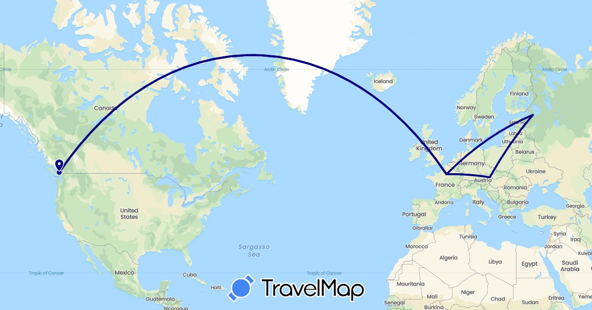 TravelMap itinerary: driving in Austria, Canada, France, Russia (Europe, North America)